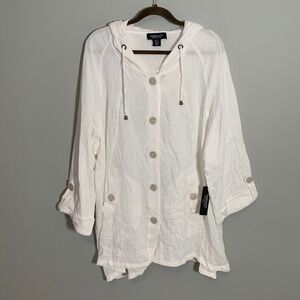 NEW JONES NEW YORK White Textured Hooded Button Front Lightweight Top Jacket